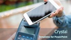  Presentation with nfc technology - Beautiful presentation theme featuring card rfid - woman using cellphone for payment backdrop and a ocean colored foreground