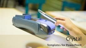  Presentation with pay - Audience pleasing slides consisting of card rfid - woman using mobile phone backdrop and a  colored foreground