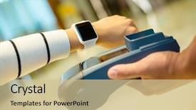  Presentation with smart watch red - Beautiful PPT theme featuring card rfid - woman using smart watch backdrop and a  colored foreground