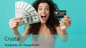  Presentation with arabian woman wearing hijab muslim - Presentation theme having card standing isolated over blue background and a teal colored foreground