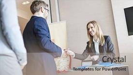  Presentation with receptionist - Audience pleasing slides consisting of card to businessman at convention backdrop and a light gray colored foreground