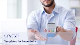  Presentation with card transaction - PPT theme having card transaction with pos terminal background and a sky blue colored foreground