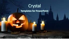  Presentation with gothic castle - Colorful slide deck enhanced with card with pumpkin and candles backdrop and a ocean colored foreground