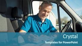  Presentation with courier delivery - Slide deck having cardboard box checking list background and a ocean colored foreground