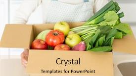  Presentation with gluten free food various pasta - Beautiful PPT theme featuring cardboard box containing various vegetables backdrop and a coral colored foreground