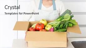  Presentation with cardboard art sculpture - Slide set with cardboard box containing various vegetables background and a sky blue colored foreground