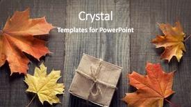  Presentation with cardboard - Colorful PPT layouts enhanced with cardboard box tied with string on a bow on a wooden background in autumn leaves holiday gift on thanksgiving hellouin view from the top copy space backdrop and a gray colored foreground