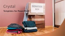  Presentation with donation - Colorful presentation theme enhanced with cardboard-box-with-donation-clothes backdrop and a coral colored foreground