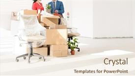  Presentation with new office - Beautiful PPT theme featuring cardboard boxes in new office backdrop and a lemonade colored foreground