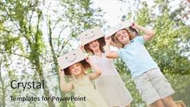  Presentation with play kids - Audience pleasing presentation consisting of cardboard boxes in the garden backdrop and a mint green colored foreground