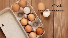  Presentation with egg - Theme enhanced with cardboard egg box on wooden background and a coral colored foreground