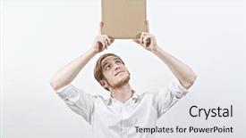  Presentation with special education young adult man - Presentation theme with cardboard inscription above his head background and a white colored foreground