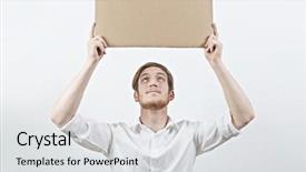  Presentation with cardboard - PPT theme featuring cardboard inscription above his head background and a light gray colored foreground