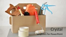  Presentation with tools - PPT theme having cardboard toolbox with a set background and a coral colored foreground