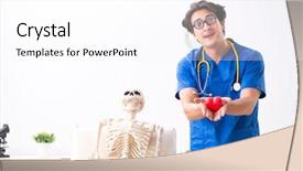  Presentation with cardiac - Amazing PPT theme having cardiac anatomy - funny doctor with skeleton backdrop and a white colored foreground