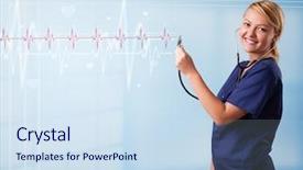  Presentation with heart pulse - Presentation theme featuring cardiac anatomy - pretty young medical doktor listening background and a sky blue colored foreground