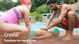  Presentation with swimming pool - Amazing slide deck having cardiac arrest - lifeguard assisting unconscious boy near backdrop and a coral colored foreground