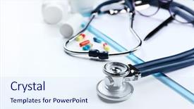  Presentation with stethoscope medication - Presentation theme having view of the boka kotorska bay in the adriatic sea the balkan mountains and a fragment of the city of perast montenegro background and a seafoam green colored foreground.