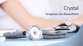  Presentation with healthcare - PPT theme having cardiac devices - stethoscope lying on the desk background and a sky blue colored foreground