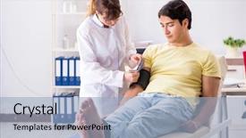  Presentation with blood pressure - PPT theme featuring cardiac devices - young doctor checking patients blood background and a light blue colored foreground