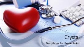  Presentation with stethoscope and red heart health - Theme having cardiac drug - cardiogram with stethoscope and red background and a light blue colored foreground