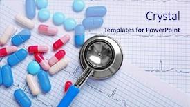 Presentation with pills - Theme enhanced with cardiac drug - stethoscope and pills on cardiogram background and a sky blue colored foreground