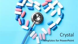  Presentation with pills - Colorful slide deck enhanced with cardiac drug - stethoscope with pills on table backdrop and a arctic colored foreground