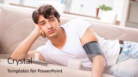  Presentation with blood pressure - PPT theme with cardiac drug - young man measuring blood pressure background and a  colored foreground