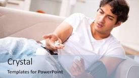  Presentation with blood pressure - Presentation design with cardiac drug - young man measuring blood pressure background and a light blue colored foreground