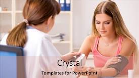  Presentation with doctor visiting family a new born - PPT theme featuring cardio meter - young beautiful woman visiting doctor background and a coral colored foreground