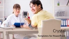  Presentation with blood pressure - Beautiful PPT layouts featuring cardio meter - young doctor checking patients blood backdrop and a coral colored foreground