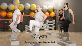  Presentation with training - Cool new slide set with cardio workout - people of different ages training backdrop and a coral colored foreground