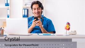  Presentation with working in a clinic - PPT layouts enhanced with cardiograph - young handsome doctor working background and a light gray colored foreground