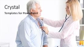  Presentation with aged - Audience pleasing PPT theme consisting of cardiology - doctor examining aged man backdrop and a pink colored foreground