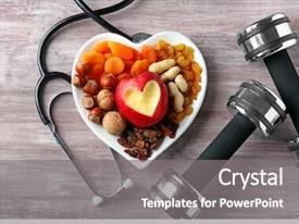  Presentation with cardiology - Slide deck having cardiology - healthy food stethoscope and dumbbells background and a gray colored foreground