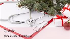  Presentation with clipboard stethoscope - Theme having cardiology - stethoscope blank clipboard and christmas background and a coral colored foreground