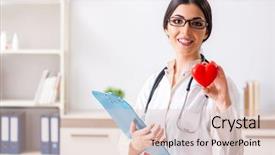  Presentation with cardiology concept - Colorful PPT theme enhanced with cardiology - young doctor in heart care backdrop and a lemonade colored foreground