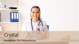  Presentation with cardiologist - Cool new theme with cardiology - young female doctor cardiologist sitting backdrop and a soft green colored foreground