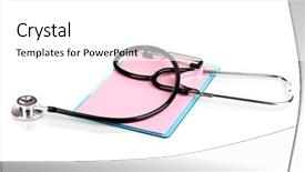  Presentation with clipboard stethoscope - Colorful slide set enhanced with cardiology template - stethoscope and blank clipboard isolated backdrop and a  colored foreground