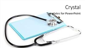  Presentation with clipboard stethoscope - Colorful slide deck enhanced with cardiology template - stethoscope and blank clipboard isolated backdrop and a  colored foreground