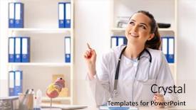  Presentation with cardiologist - Theme with ekg cardiac - young female doctor cardiologist sitting background and a lemonade colored foreground