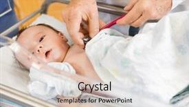  Presentation with postpartum - Slide set featuring postpartum care - closeup of doctor's hands examining background and a soft green colored foreground