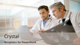  Presentation with public health care - PPT theme consisting of doctors going over patient's background and a light gray colored foreground