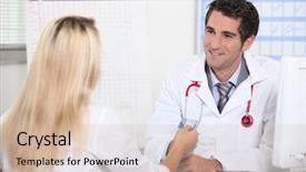  Presentation with patient - Audience pleasing PPT theme consisting of primary health care - smiling doctor taking patient's card backdrop and a soft green colored foreground