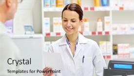  Presentation with senior care - Colorful presentation theme enhanced with care and people concept - pharmacist backdrop and a light gray colored foreground