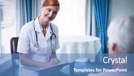  Presentation with at home senior care - Amazing slides having care giver - smiling doctor consulting with senior backdrop and a teal colored foreground