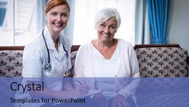  Presentation with doctor helps to get out of bed an elderly woman - Colorful theme enhanced with care giver - smiling doctor consulting with senior backdrop and a teal colored foreground