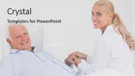  Presentation with elderly holding pills - Slide set with care giver - smiling doctor holding hand background and a  colored foreground