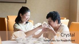  Presentation with restaurant family - Audience pleasing theme consisting of caring aging parent - southeast asian chinese family having backdrop and a coral colored foreground