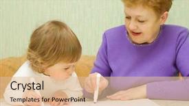  Presentation with grandma - PPT theme consisting of care grandmother - drawing baby with her grandma background and a  colored foreground